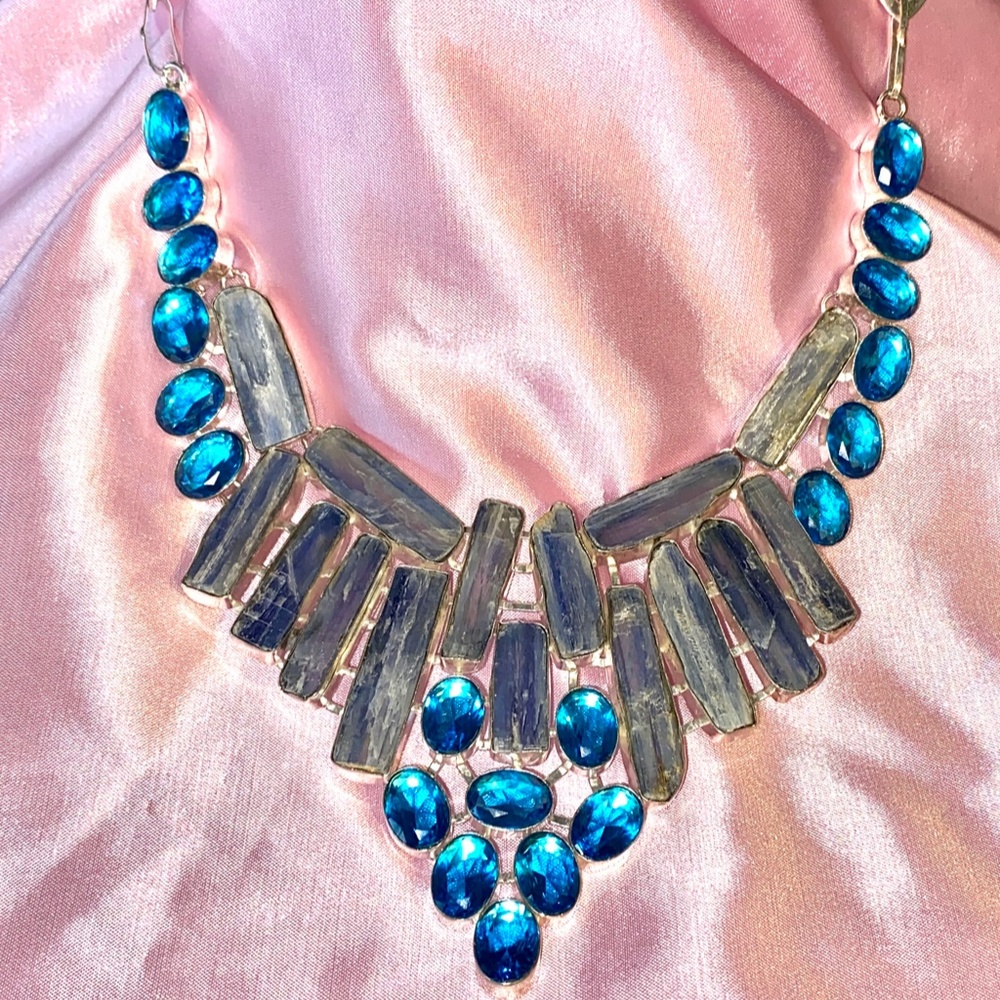 Kyanite, & Swiss Blue Quartz Statement 925 Sterling Silver Necklace